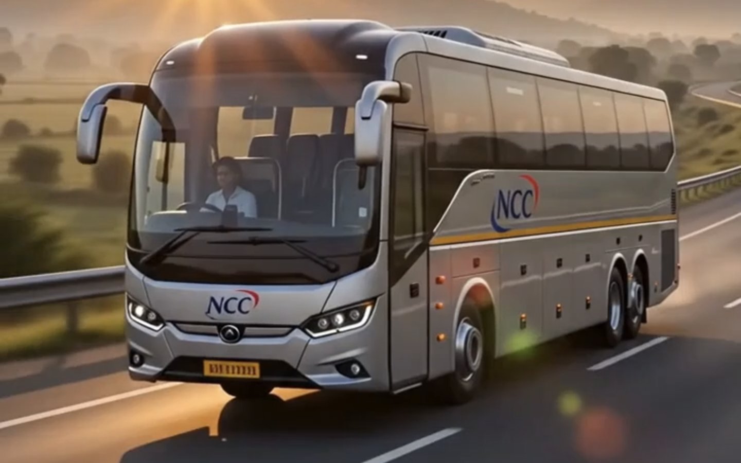 Navin Citi Connect bus on the highway at sunrise